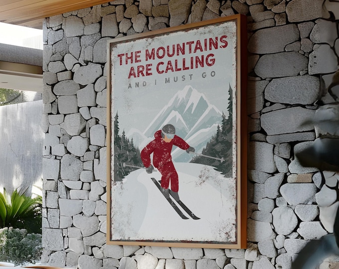 Mountains are Calling Framed Canvas, Custom Winter Home Decor, Ski Gift for Boyfriend, Maroon Ski Decor, Metal Ski Poster, Man Skiing Print