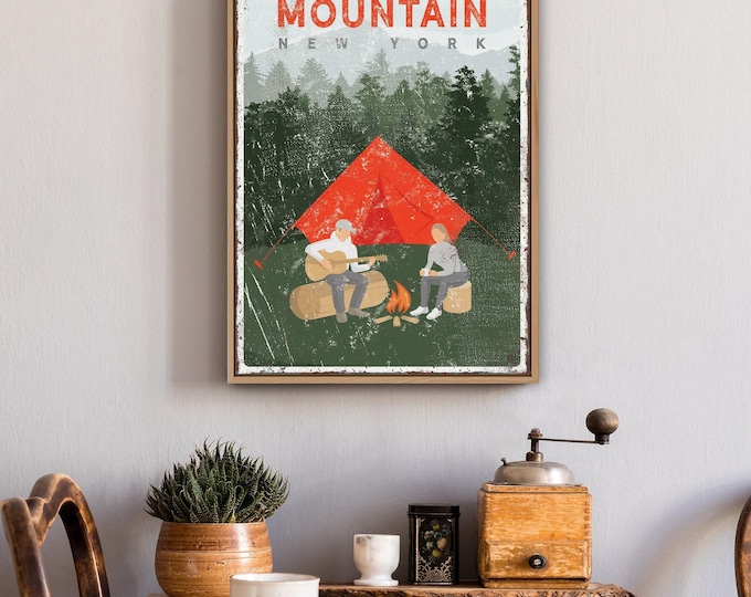 personalized vintage CAMPING poster, HUNTER MOUNTAIN camping sign, tent and campfire, couple camping by the fire, custom text {vpt}