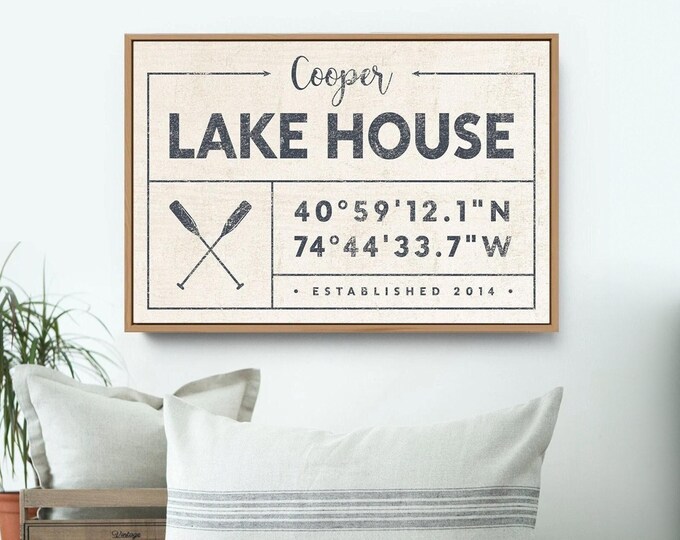 vintage LAKE HOUSE sign, nautical last name canvas for lakehouse, custom GPS location coordinates, rustic farmhouse boho wall art {gdo}