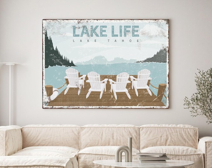 Adirondack Chairs, White Dock Scene, Personalized Lake Name Wall Art