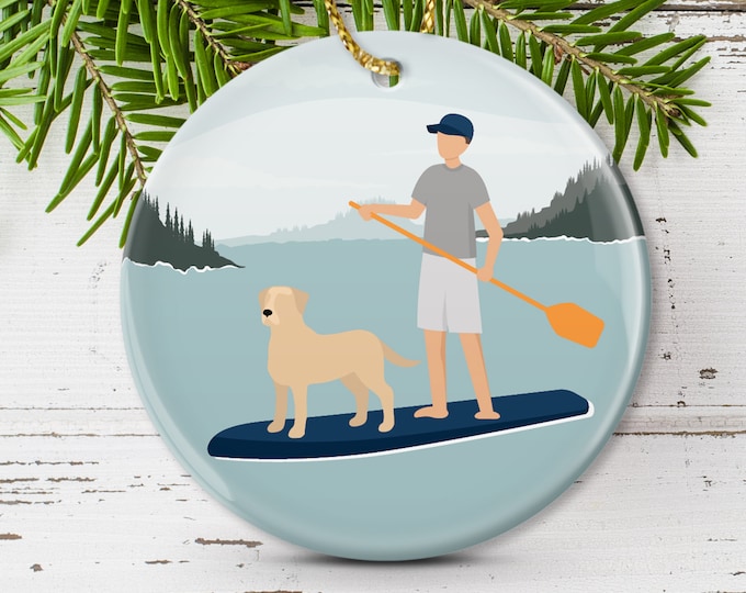 Custom ornament for husband • man paddleboarding with Yellow Lab •  labrador dog dad gift for him • SUP Smith Lake paddleboard art {vpl}