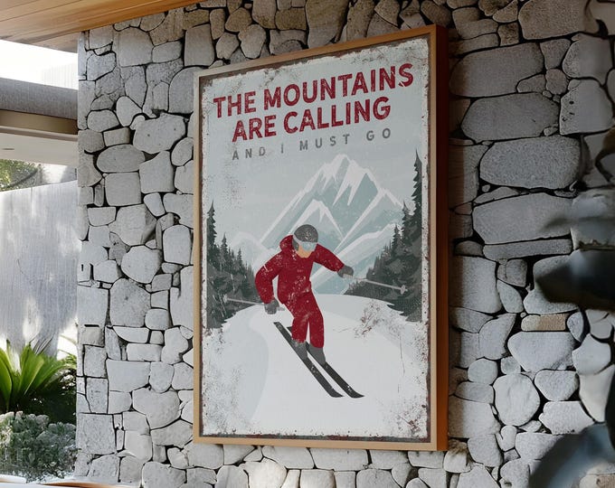 Winter Skiing Decor, Ski House Decor, Vintage Ski Sign Canvas, Custom Mountain Print, Maroon Metal Poster, Man Skiing Wall Art