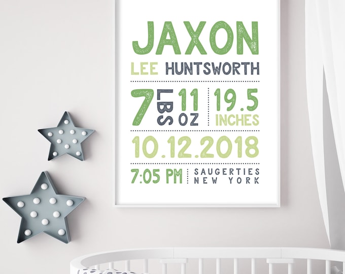 green & gray BIRTH STATS SIGN (printable or canvas poster) – custom baby stats, gray and green nursery name sign, gender neutral