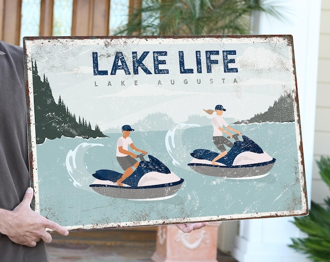personalized LAKE LIFE sign with couple on jetskis, retro lake augusta canvas print, vintage lake signs, custom lake house decor {VPL}