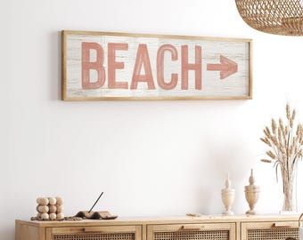 Coral Beach Sign, Pink And White Beach Arrow Wall Art, Custom Direction Long Canvas