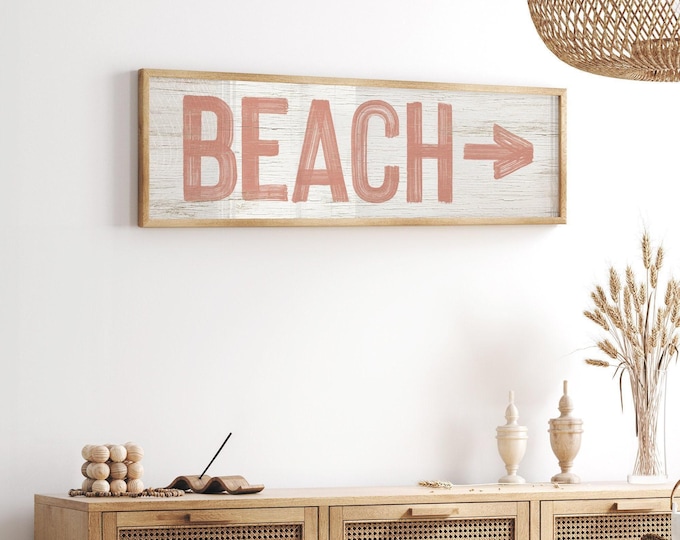 Coral Beach Sign, Pink And White Beach Arrow Wall Art, Custom Direction Long Canvas