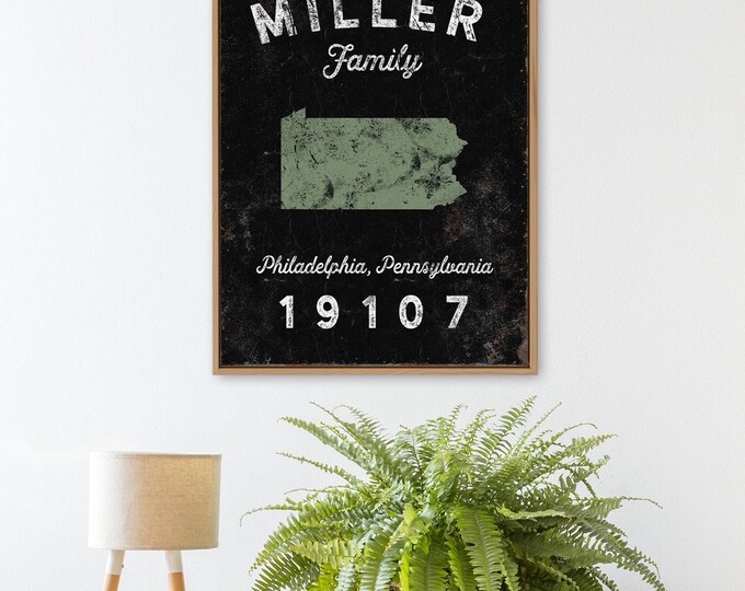 custom LAST NAME print > modern farmhouse sign, personalized family name canvas with custom state art and zip (Philadelphia, Pennsylvania)