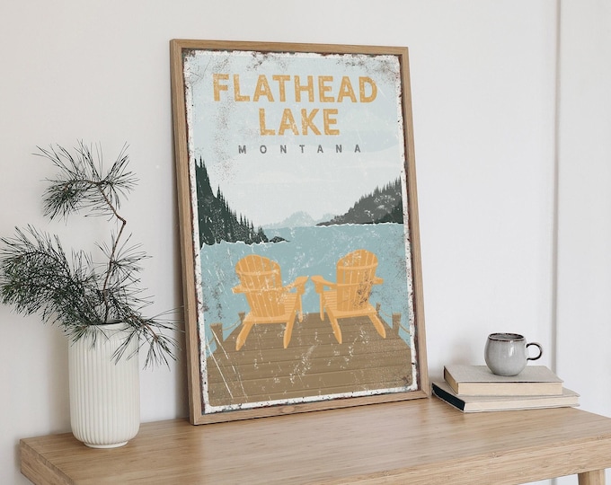 Adirondack Chairs On The Dock, Flathead Lake Montana Sign, Lakeside Cottage Decor