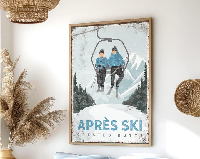 Vintage Ski Poster, Ski Lodge Canvas, Mountain Wall Art, Personalized Après Ski Print, Custom Crested Butte Decor, Cerulean Accent {vpi}