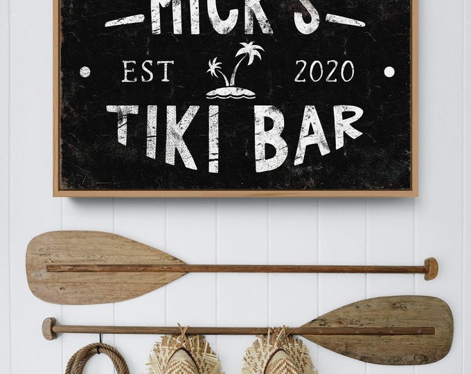 Tiki Bar Sign: Rustic Black & White Canvas with Vintage Palm Trees