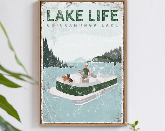 personalized pontoon boat sign • LAKE LIFE Chickamunga Lake print with dogs, dachshund, frenchie • forest green lake house decor gift {vpl}