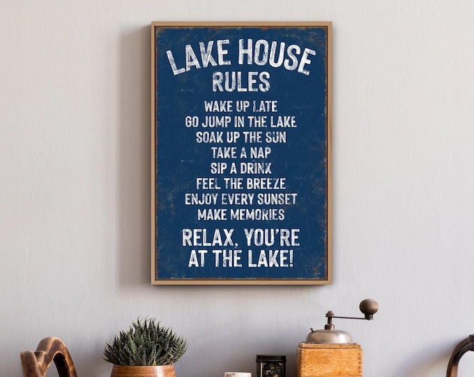 Lake House Rules Sign, Navy Vintage Lake Wall Art, Distressed Lake House Decor Gift