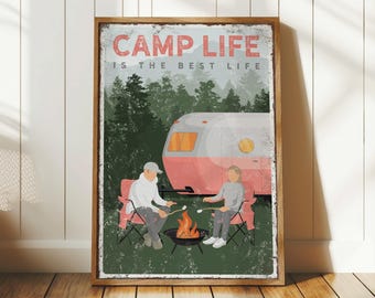 A Couple Roasting Marshmallows, Camp Cabin Art Beside a Salmon Pink Camper