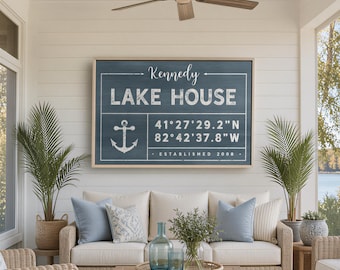 Lake House Decor Sign: Personalized Name and Coordinates (Canvas or Aluminum)