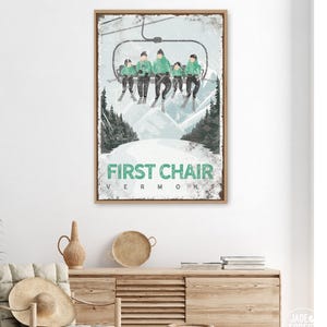 Ski Charlift Poster Personalized, Ski Vermont Print, Mountain Lodge Wall Art, Family Portrait Gift, Distressed Canvas Decor {VPI}