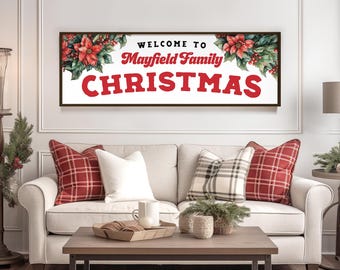 Poinsettia Christmas Welcome Sign, Personalized Family Christmas Canvas with Holly Berry Border, Family Name Holiday Decor Wall Art Print