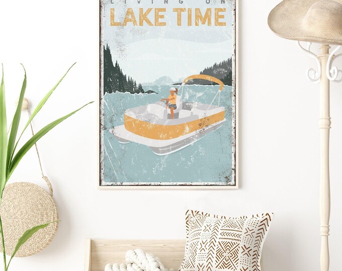 Pontoon Boat Canvas Print, Vintage Lake Decor (Personalized Text Options)