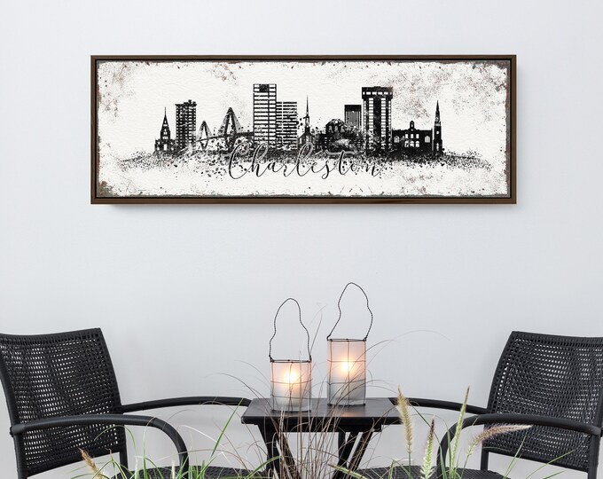 CHARLESTON SKYLINE poster, black and white wall art, modern farmhouse decor, extra large art print, long skinny framed canvas, custom city