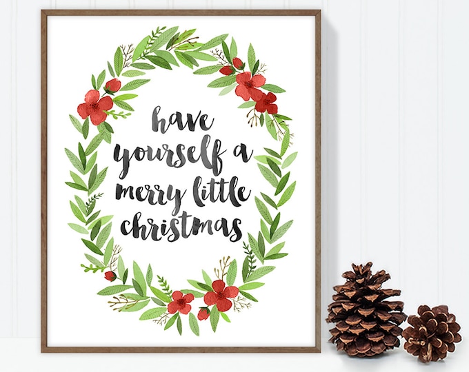 a merry little christmas / wall art print DIY / christmas decoration / HOLIDAY WREATH / calligraphy, red and green ▷digital printable sign