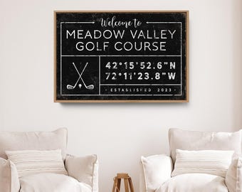 Rustic Family Name Sign: Custom Coordinates, Golf Wall Art