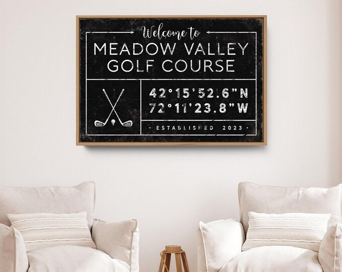 Rustic Family Name Sign: Custom Coordinates, Golf Wall Art