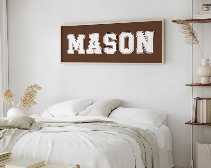 Boys room name sign and coordinates decor, cream varsity letters on brown