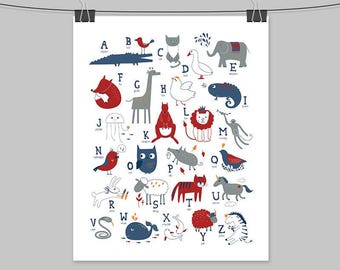 Navy and Red Alphabet Poster - Animal Letters for Nursery