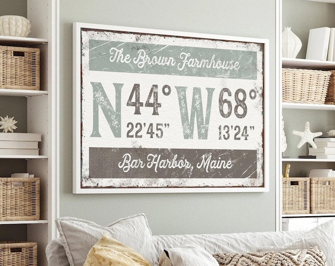 Personalized Coordinates Sign: Vintage Taupe & Sage Green Print