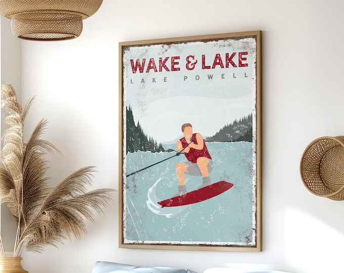 Vintage WAKE and LAKE Sign, Personalized Wake Boarding Poster for Lake House Decor, Wakeboard Gift for Him, Wake & Lake, Lake Powell {vpl}
