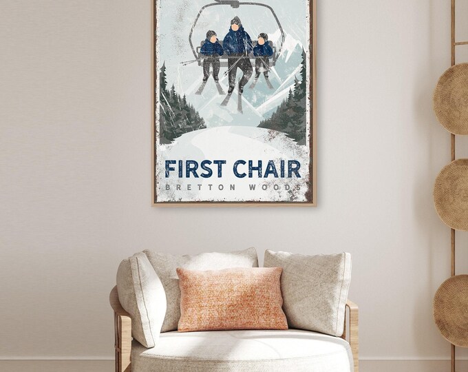 Personalized FIRST CHAIR poster for retro ski house decor, Vintage navy blue mountain lodge wall art • sample shown is Bretton Woods {vph}
