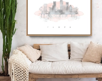 Tampa Skyline Wall Art: Blush Watercolor and Faux Metallic Silver - Framed Canvas