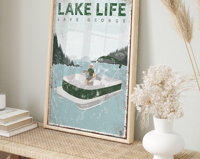 Boat Lake Sign, Lake Life Pontoon Lake George Scene, Custom Lake House Gift