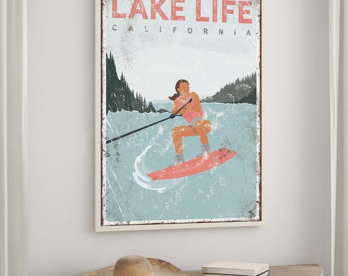 Gift For Wakeboarder, Coral Wakeboard Print For Your Lake Life In California