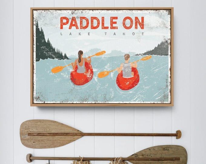 Kayak Lake Art, Paddle On Lake Tahoe Sign, Red Lake House Wall Decor For Paddlers