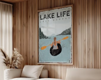 Vintage Kayaking Sign, Lake George Man on Kayak (Custom Colors)