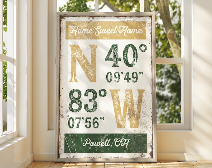 vintage COORDINATES sign, home sweet home poster, GPS coordinates canvas print, for beach house decor, longitude and latitude wall art {grw}