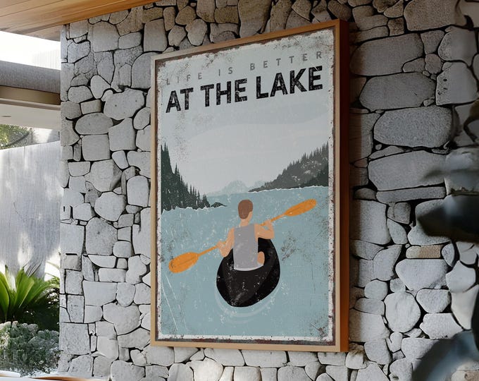 Lake House Decor, Personalized Decor, Kayak Wall Art, Vintage Lake Poster, Custom Kayaking Gift for Him, Rustic Indoor Outdoor Sign {vpl}