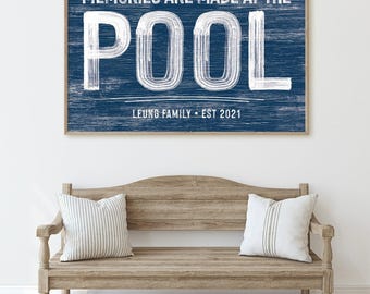 Pool Wall Sign in Navy Blue, Personalized Family Name and Est Year, Backyard Vacation House Decor