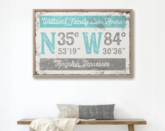 Coordinates Wall Art: Personalized Lake House Sign (Aqua Blue and Gray)