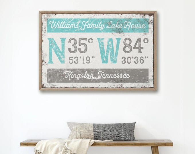 Coordinates Wall Art: Personalized Lake House Sign (Aqua Blue and Gray)
