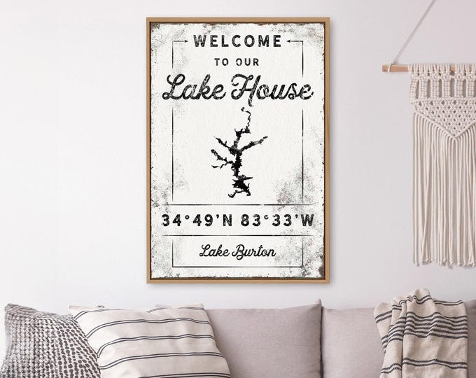 Boho Lake House Sign, Rustic Canvas with Coordinates (Custom Sizes)