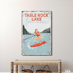 retro LAKE HOUSE decor canvas &gt; personalized wakeboarding gift for her, vintage red wakeboard poster, outdoorsy lake house wall art {vpl}