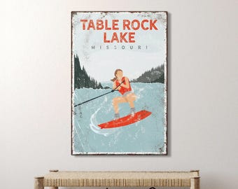 retro LAKE HOUSE decor canvas > personalized wakeboarding gift for her, vintage red wakeboard poster, outdoorsy lake house wall art {vpl}