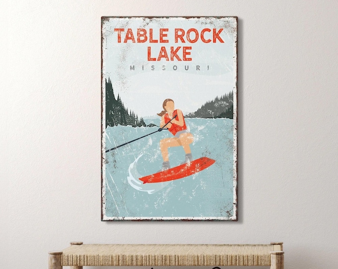 retro LAKE HOUSE decor canvas > personalized wakeboarding gift for her, vintage red wakeboard poster, outdoorsy lake house wall art {vpl}