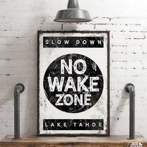 Lake House Sign, No Wake Zone Sign, Rustic Lake House, Vintage Tahoe Poster, Framed Canvas Wall Art, Black and White Lake House Decor