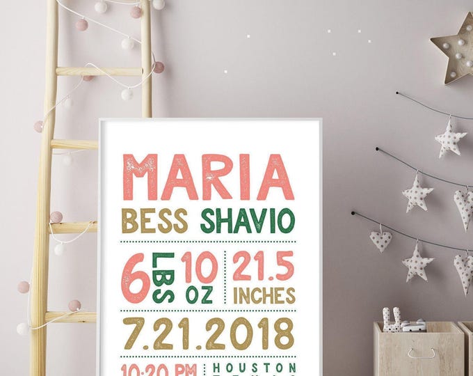 Birth Stats Sign: Tropical Colors, Custom Name - Pink Gold & Green