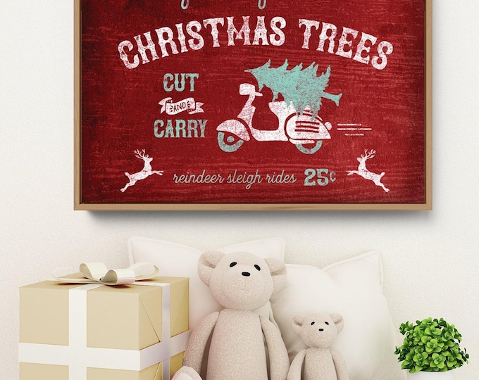 Holiday Wall Art, Farm Fresh Christmas Trees on a Scooter with Reindeer, Cozy Decor in Deep Red