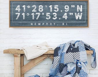 Custom Coordinates Sign: Distressed Harbor Blue Farmhouse Wall Art