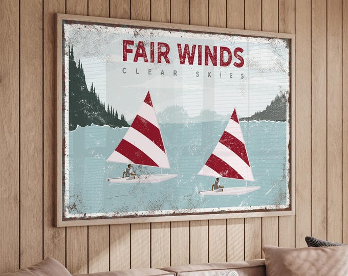 Lake House Wall Art, Vintage Sailboats, Personalized (Custom Text)
