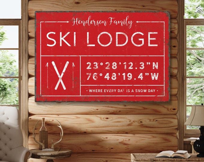 Ski Lodge Snow Sign Decor, Red and White Family Name Wall Art with Coordinates